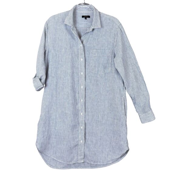 Quince Shirt Dress Women S Blue Pinstripe Linen Button Front Oversized Pocket - Picture 1 of 12